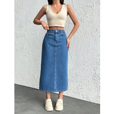 Dema Mavi Denim Etek Bilek Boy Pamuklu Kadın Günlük Stil Rahat Tasarım