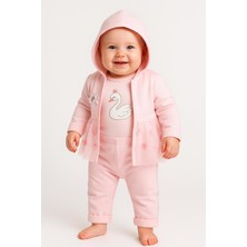 3’lü Bebek Takımı | Pembe Kuğu Nakışlı Body Hırka Pantolon Seti | Kız Bebek Giyim 0-9 Ay