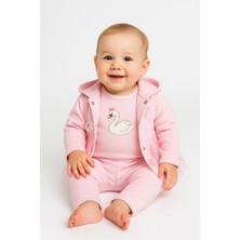 3’lü Bebek Takımı | Pembe Kuğu Nakışlı Body Hırka Pantolon Seti | Kız Bebek Giyim 0-9 Ay