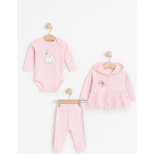 3’lü Bebek Takımı | Pembe Kuğu Nakışlı Body Hırka Pantolon Seti | Kız Bebek Giyim 0-9 Ay