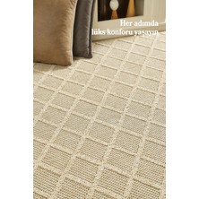 Boho Karo Desen Bej Elit Bukleli Sisal Halı Salon Oturma Odası Dış Mekan Halısı Dayanıklı