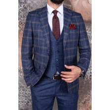 Paco Romano Erkek Slim Fit Sivri Yaka Açık Lacivert Ekose Kombin Yelekli Takım Elbise