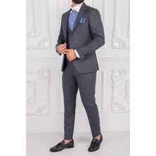 Paco Romano Erkek Slim Fit Sivri Yaka Gri Yelekli Takım Elbise