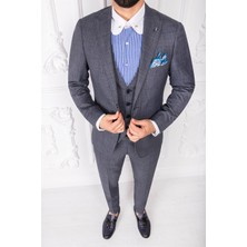 Paco Romano Erkek Slim Fit Sivri Yaka Gri Yelekli Takım Elbise