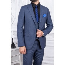 Paco Romano Erkek Slim Fit Sivri Yaka Açık Lacivert Yelekli Takım Elbise