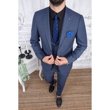 Paco Romano Erkek Slim Fit Sivri Yaka Açık Lacivert Yelekli Takım Elbise