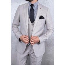 Paco Romano Erkek Slim Fit Sivri Yaka Açık Bej Yelekli Takım Elbise