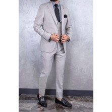 Paco Romano Erkek Slim Fit Sivri Yaka Açık Bej Yelekli Takım Elbise