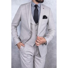 Paco Romano Erkek Slim Fit Sivri Yaka Açık Bej Yelekli Takım Elbise