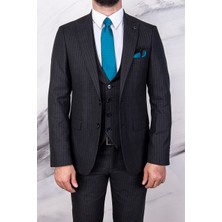 Paco Romano Erkek Slim Fit Sivri Yaka Siyah Çizgili Yelekli Takım Elbise