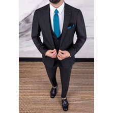 Paco Romano Erkek Slim Fit Sivri Yaka Siyah Çizgili Yelekli Takım Elbise