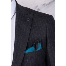 Paco Romano Erkek Slim Fit Sivri Yaka Siyah Çizgili Yelekli Takım Elbise