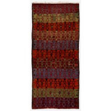 183 x 392  cm  Geometrik Desenli Eski El Dokuma Türk Yolluk Kilimi (Düz Dokuma).  Yün