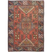 121 x 173  cm  Geometrik Desenli Geleneksel Eski El Düğümlü Yünlü Halı