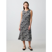 Jimmy Key Desenli Yuvarlak Yaka Kolsuz Zebra Desenli Dokuma Midi Elbise