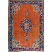 165 x 240  cm   Turuncu, Mor, Mavi ve Yeşil Renkli Madalyon Desen El Yapımı Anadolu'dan Eski Halı