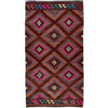 178 x 330  cm  Geometrik Tasarımlı El Dokuma Eski Türk Yün Kilim Halısı