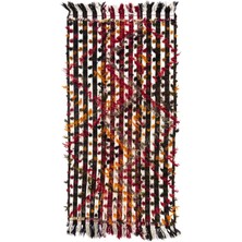 127 x 260  cm  Çok Renkli Ponponlu Çizgili Eski Kilim Halısı. Zemin Örtüsü, Yatak Örtüsü, Duvar Askısı