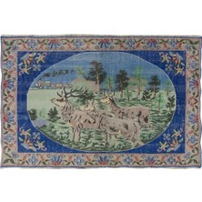 158 x 100  cm  Geyik, Ağaç ve Çiçek Desenli Halı, El Düğümlü Eski Duvar Asıkısı, Dekoratif Halı