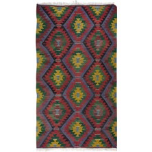 183 x 320  cm  Geometrik Desenli Eski El Dokuma Türk Yünü Kilim 'düz Dokuma'