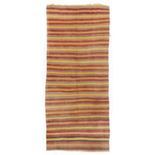 123 x 280  cm  Sarı, Kırmızı ve Gri Çizgili Çizgili Eski El Dokuması Kilim Yolluk,  Yün Halı