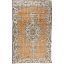 206 x 320  cm  Madalyon Desenli El Düğümlü Halı, Turuncu, Lacivert ve Krem Renklerinde Eski Halı