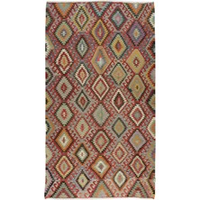175 x 307  cm  Çok Renkli El Yapımı Yün Kilim, Eşsiz Düz Dokuma Kilim Halı, Oturma Odası Kilimi