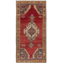 174 x 359  cm  Geleneksel Kırmızı ve Mavi Renklerinde Eşsiz Eski El Yapımı Türk Halısı