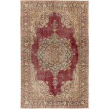 196 x 295  cm  Kırmızı ve Bej El Düğümlü Eski Yünlü Alan Halısı, El Yapımı Halı