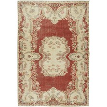 192 x 302  cm  Kırmızı ve Bej Renklerde Eski El Yapımı Yünlü Halı, Eşsiz Geleneksel Halı