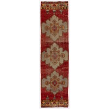 90 x 347  cm  Eski El Yapımı Türk Runner. Türünün Tek Örneği Yün Koridor Halısı