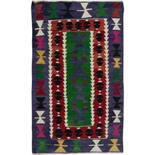88 x 145  cm  Çok Renkli Eski El Dokuma Geometrik Desenli Kilim 'düz Dokuma',  Yün