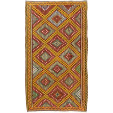 185 x 324  cm  Dekoratif Eski Kilim. Düz Dokuma Kilim. Kırmızı, Sarı, Yeşil, Gri Renklerde Kilim