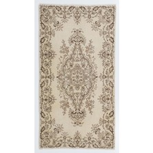 115 x 220  cm  Fildişi ve Kahverengi Renklerde Eski El Yapımı Türk Halısı, Dekoratif Yatak Odası Halısı