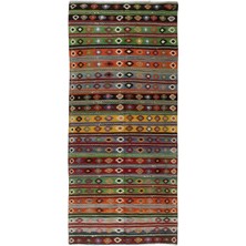 152 x 340  cm  El Dokuması Eski Kilim Yolluk. Geometrik ve Çizgili Desenli Koridor Halısı