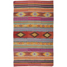 176 x 283  cm  Eski El Dokuması Kilim,  Yünden Yapılmış Geometrik ve Çizgi Desenli Kilim Halı
