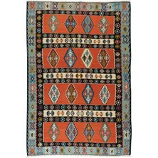 210 x 296  cm  Eski Geometrik Desenli El Dokuması Kilim, Yünden Yapılmış Düz Dokuma Kilim Halı