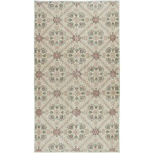 117 x 205  cm  Bej Zeminli, Yeşil Çiçek Desenli El Dokuma Eski Anadolu Halısı