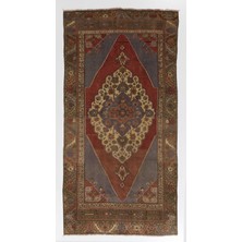 147 x 284  cm  Eski El Düğümlü Kırmızı ve Mavi Yün Alan Halısı