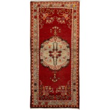 83 x 175  cm  Kırmızı ve Bej Orta Yüzyıldan El Yapımı Eski Halı