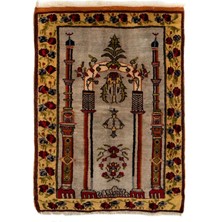 92 x 129  cm  Kemerli Yol, Sütunlar ve Çiçekleri Betimleyen Eski Türk Seccadesi