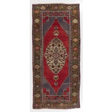 153 x 332  cm  Eski Anadolu Yolluk Halı, Kırmızı ve Mavi Tonlarda Geleneksel Yün Oryantal Halı