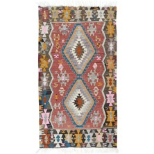 80 x 145  cm  Geometrik Desenli Renkli Eski Isveç Iskandinav Küçük Kilim,  Yünden Yapılmıştır