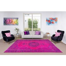 198 x 317  cm  El Dokuması Yeniden Boyanmış Eski Türk Halısı, Modern Pembe El Yapımı Yünlü Halı