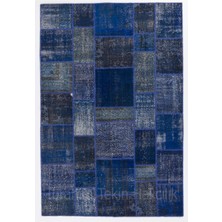 200 x 300  cm  Mavi Tonlarda El Dokuması Patchwork Halı, Modern ve Otantik Patchwork