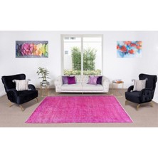 203 x 316  cm  Pembe Renkli Yünlü Halı, Modern El Dokuması Yeniden Boyanmış Eski Türk Halısı