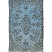 193 x 285  cm  Mavi El Yapımı Halı, Yenilenmiş Yün ve Pamuktan Yapılmış Eski Çiçekli Halı