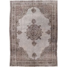 (255 x 356  cm ) Kahverengi ve Gri Tonlarda Renkli Anadolu Halısı, El Dokuması Madalyon Desenli Halı
