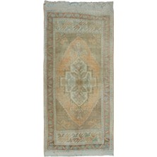 50 x 98  cm  Solmuş Orta Yüzyıl Uşak Küçük Halı, El Yapımı Paspas, Bej Türk Hamam Paspası