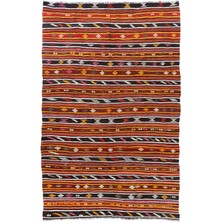 200 x 306  cm  Çizgi Desenli Çok Renkli Eski Kilim, Çift Taraflı Düz Dokuma Kilim,  Yün
